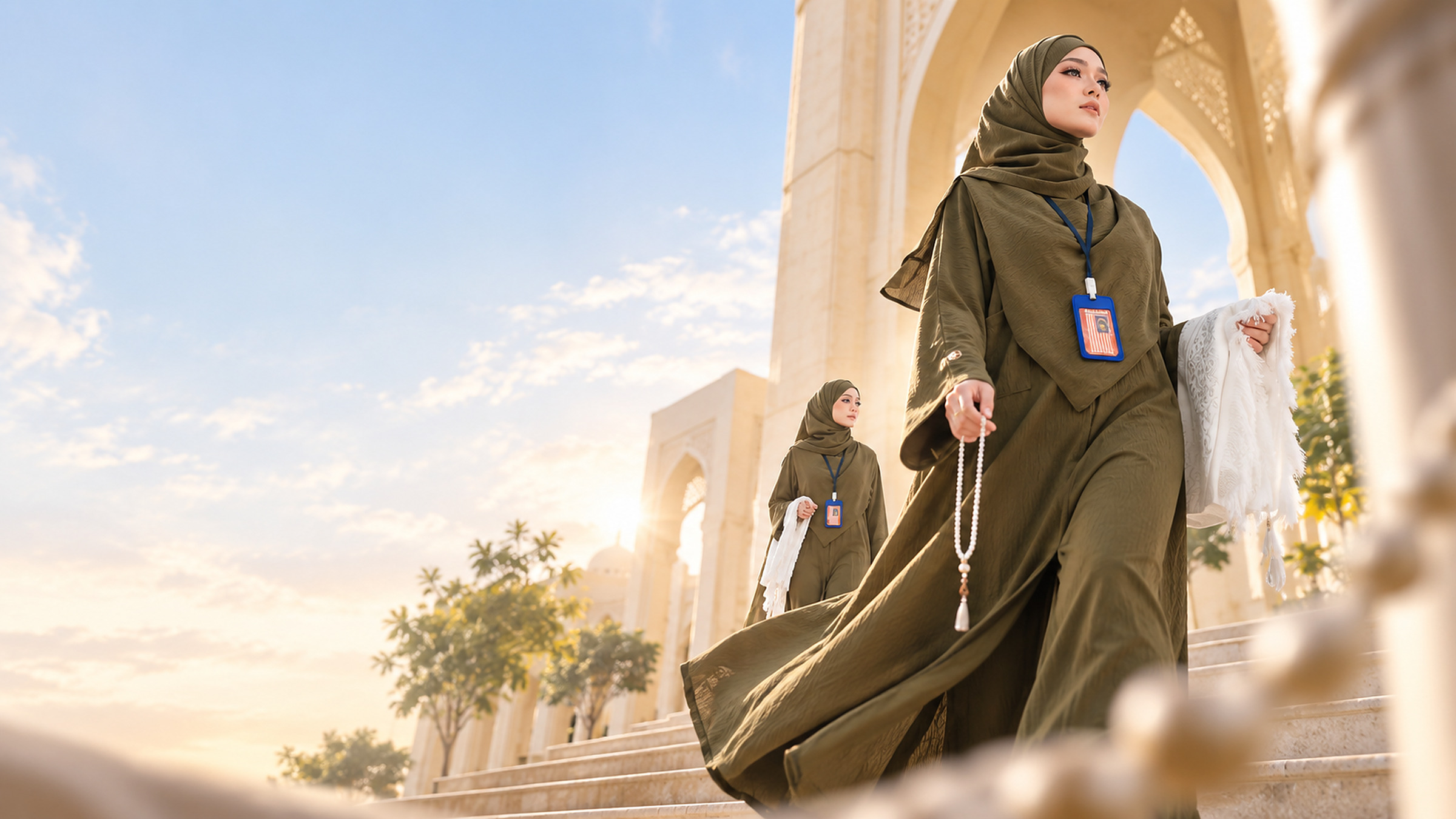 Two women wearing Arafa™ Ironless Suit in Olivmony, walking down mosque steps in the morning light